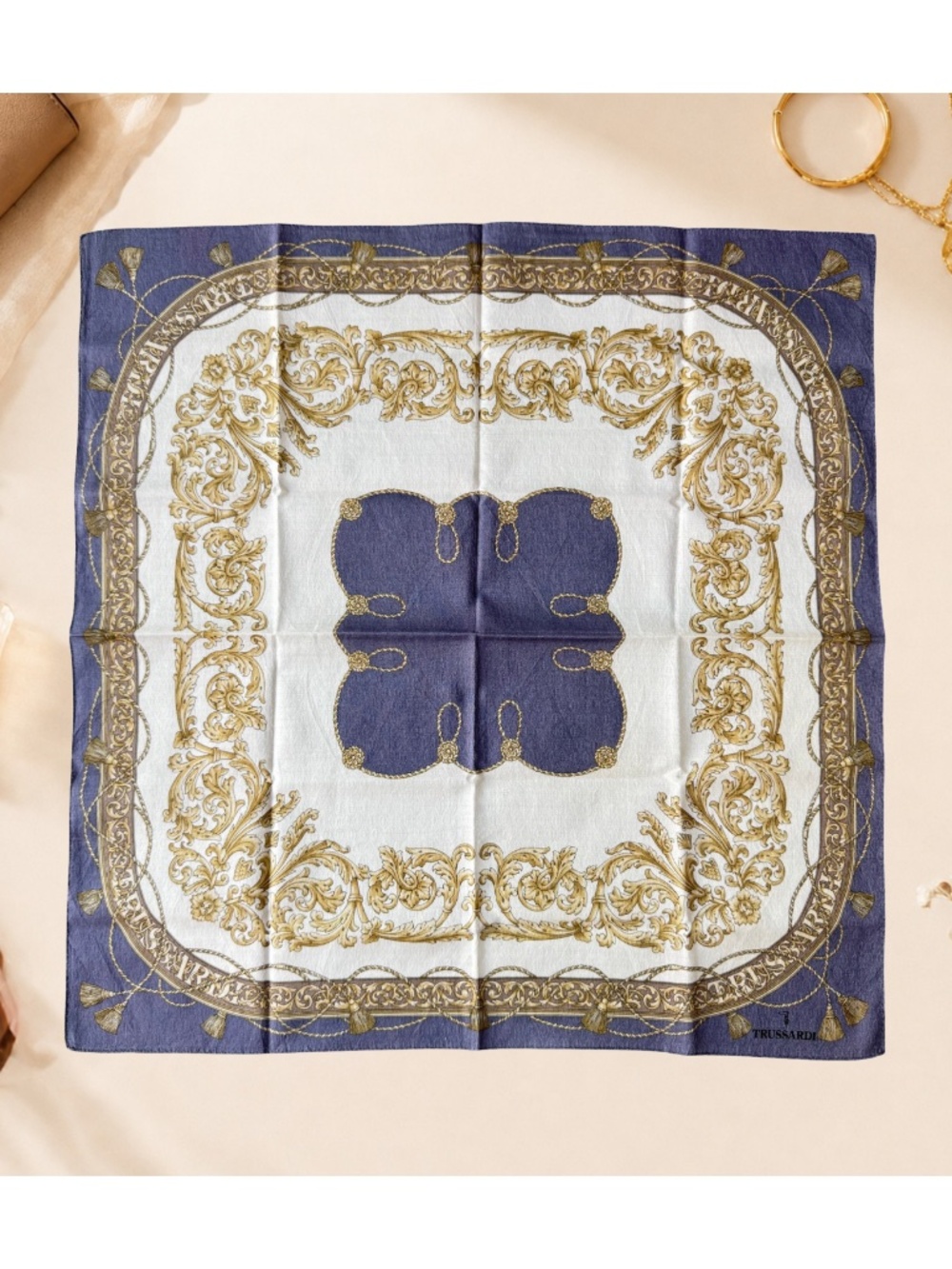 Vintage Trussardi Purple Baroque Scarf Neckerchief Pocket Square Tassel 18.5in